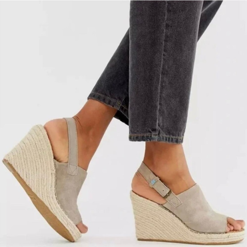 Toms Monica Suede Espadrille Slingback Wedge Sandals Desert Taupe EUC Womens 9.5